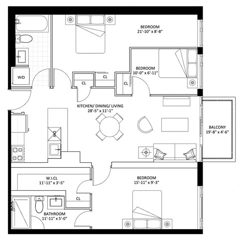 Floor plan for 3 beds, 2 baths, 968 sqft