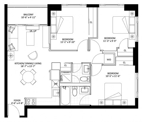 Floor plan for 3 beds, 2 baths, 870 sqft