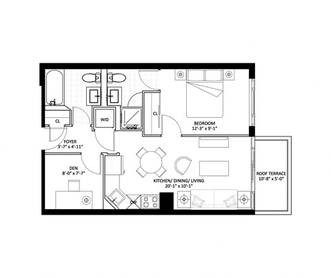 Floor plan for 1 bed, 1 bath, 597 sqft
