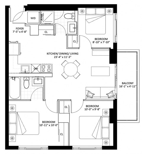 Floor plan for 3 beds, 1.5 baths, 769 sqft