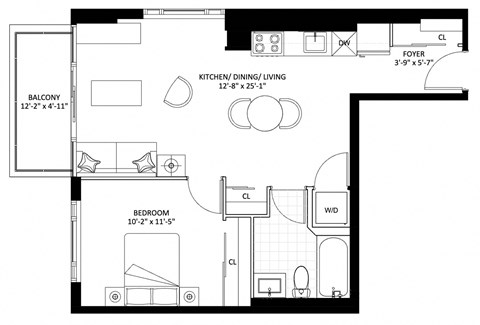 Floor plan for 1 bed, 1 bath, 619 sqft