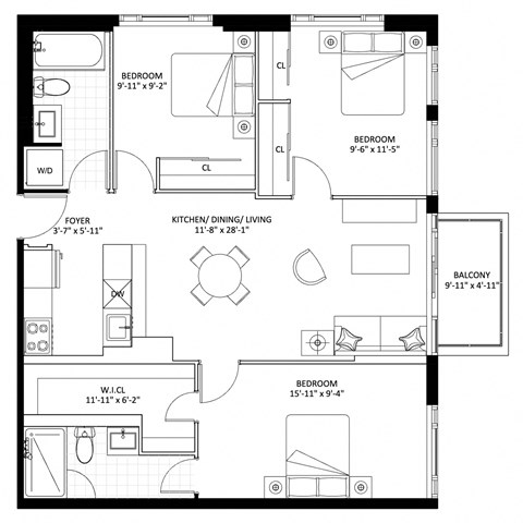 Floor plan for 3 beds, 2 baths, 995 sqft