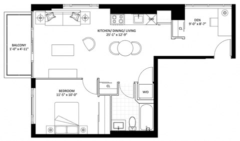 Floor plan for 1 bed, 1 bath, 684 sqft