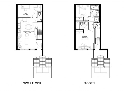 Floor plan for 2 beds, 2.5 baths, 1044 sqft