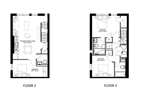 Floor plan for 3 beds, 2.5 baths, 1086 sqft