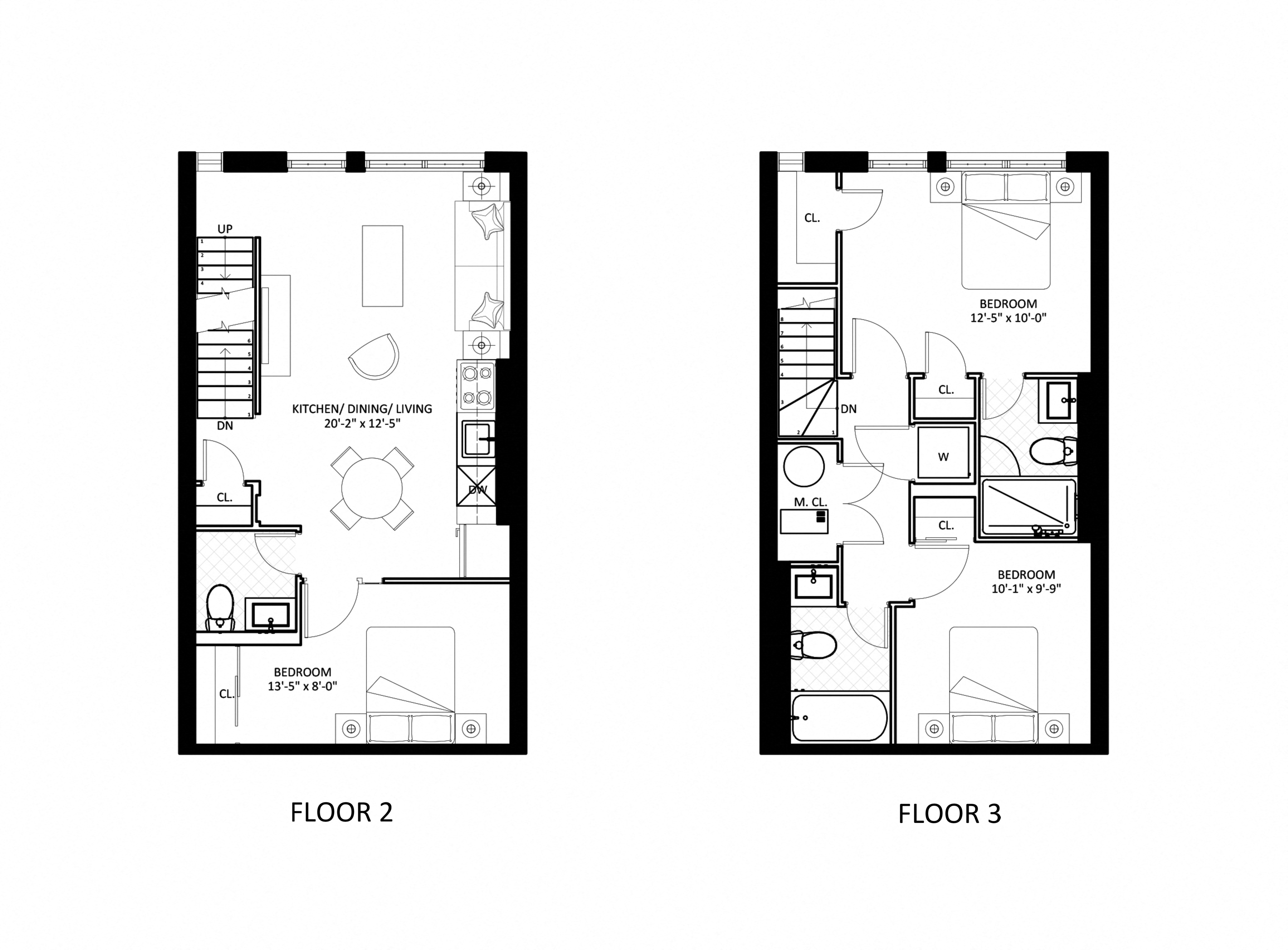 Floor plan for 3 beds, 2.5 baths, 1024 sqft