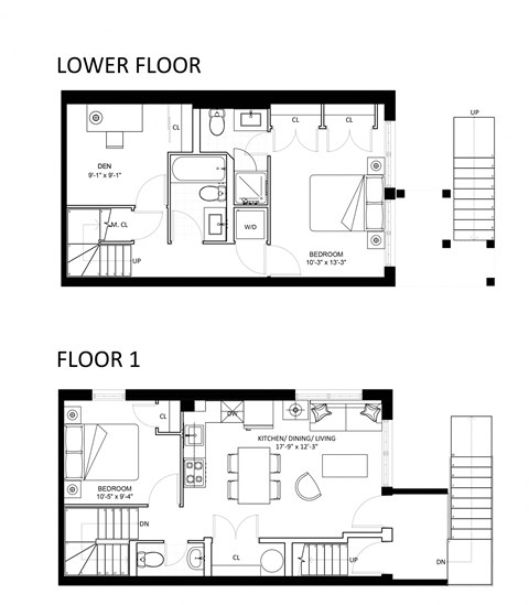 Floor plan for 2 beds, 2.5 baths, 980 sqft