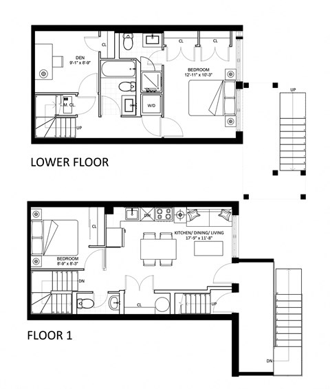 Floor plan for 2 beds, 2.5 baths, 914 sqft