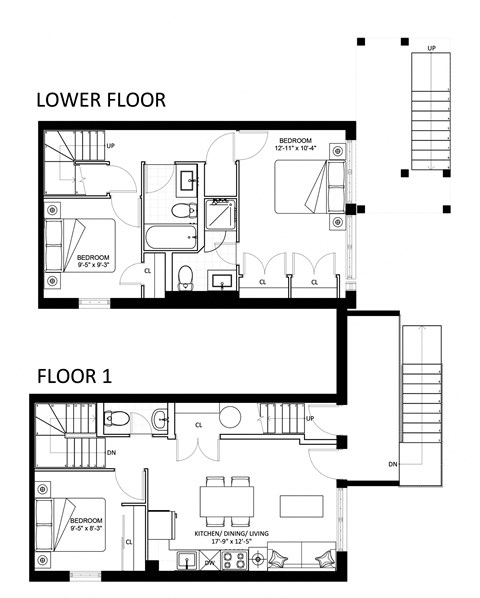 Floor plan for 3 beds, 2.5 baths, 983 sqft