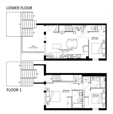 Floor plan for 3 beds, 2.5 baths, 985 sqft