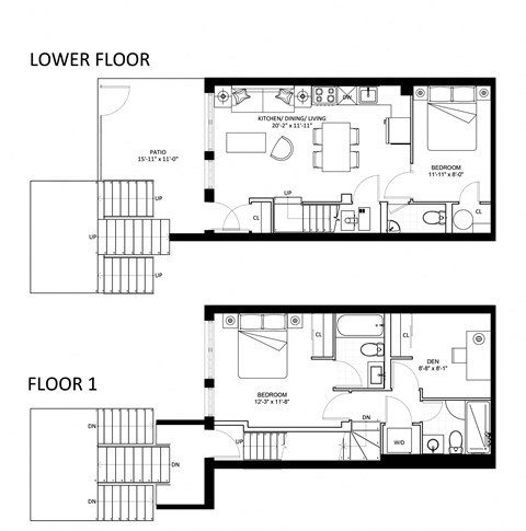 Floor plan for 2 beds, 2.5 baths, 913 sqft