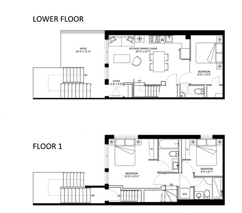 Floor plan for 3 beds, 2.5 baths, 979 sqft