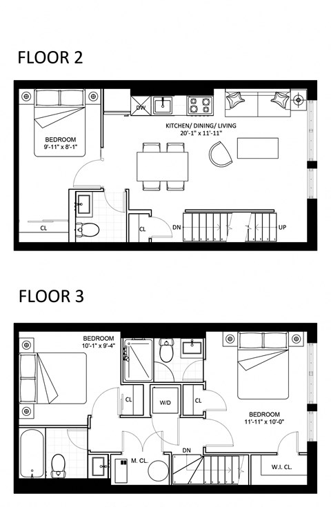 Floor plan for 3 beds, 2.5 baths, 990 sqft