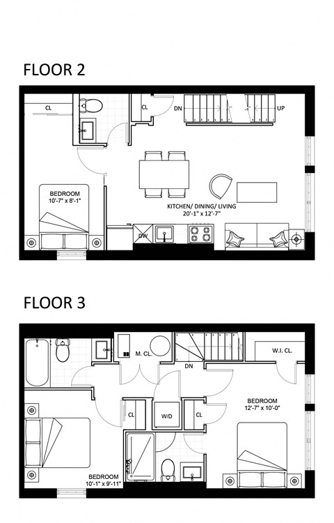 Floor plan for 3 beds, 2.5 baths, 1062 sqft