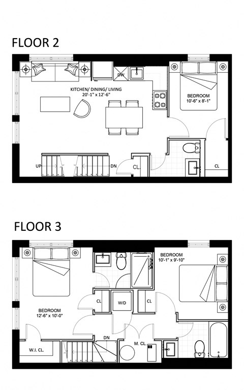 Floor plan for 3 beds, 2.5 baths, 990 sqft