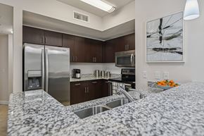 Doral apartment for rent - A kitchen with a granite counter top and stainless steel appliances.