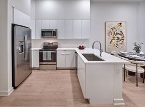 Newark apartment for rent - Modern Apartment Kitchen With Stainless Steel Appliances, White Cabinetry, And Island In Newark NJ Ironbound