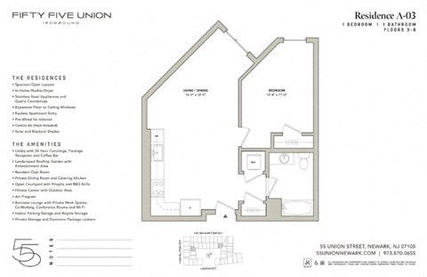 Floor plan for 1 bed, 1 bath, 690 sqft