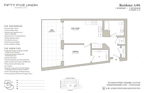 Floor plan for 1 bed, 1 bath, 658 sqft