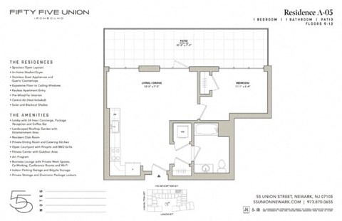 Floor plan for 1 bed, 1 bath, 619 sqft