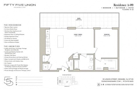 Floor plan for 1 bed, 1 bath, 838 sqft