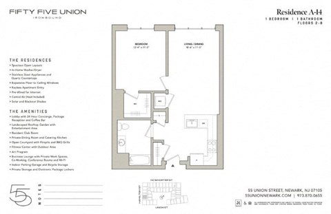 Floor plan for 1 bed, 1 bath, 715 sqft