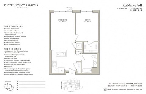 Floor plan for 1 bed, 1 bath, 739 sqft
