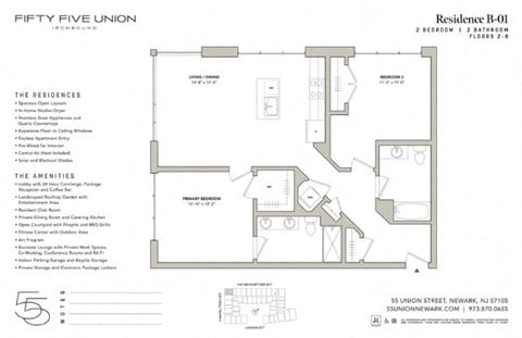 Floor plan for 2 beds, 2 baths, 1066 sqft