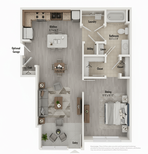 Floor plan for 1 bed, 1 bath, 830 sqft