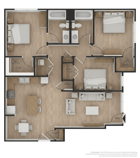Floor plan for 3 beds, 2 baths, 1334 sqft