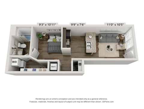 Floor plan for studio, 1 bath, 660 sqft