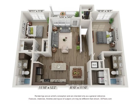 Floor plan for 2 beds, 2 baths, 1209 sqft