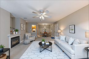 Biloxi apartment for rent - A living room with a fireplace and a couch.