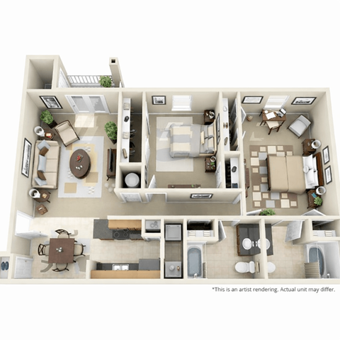 Floor plan for 2 beds, 2 baths, 1150 sqft
