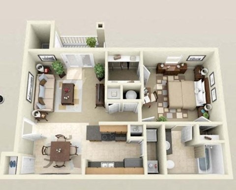 Floor plan for 1 bed, 1 bath, 750 sqft