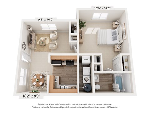 Floor plan for 1 bed, 1 bath, 700 sqft