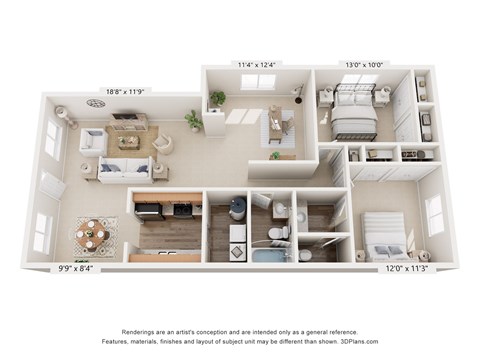 Floor plan for 2 beds, 1.5 baths, 1150 sqft