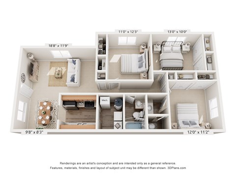 Floor plan for 3 beds, 1.5 baths, 1150 sqft