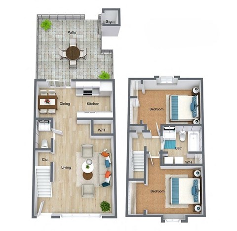 Floor plan for 2 beds, 1.5 baths, 954 sqft
