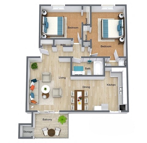 Floor plan for 2 beds, 1.5 baths, 891 sqft