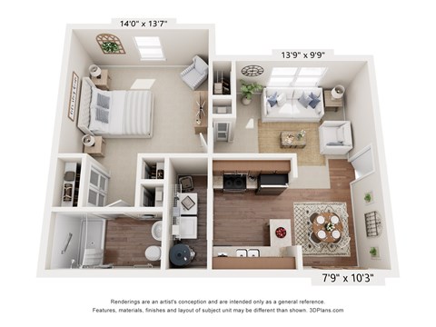 Floor plan for 1 bed, 1 bath, 700 sqft