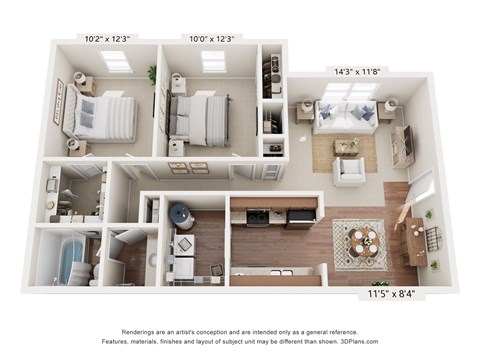 Floor plan for 2 beds, 1 bath, 900 sqft