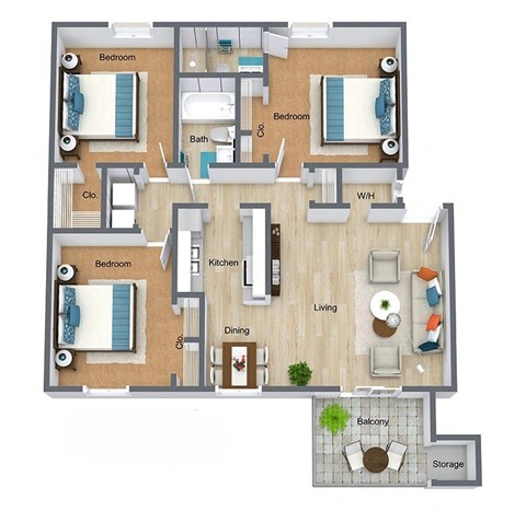 Floor plan for 3 beds, 2 baths, 1056 sqft