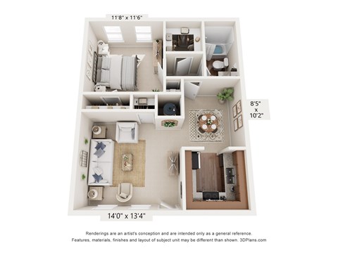 Floor plan for 1 bed, 1 bath, 700 sqft