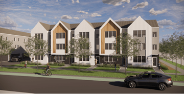 Logan townhouse for rent - A modern apartment complex with a car parked in front.
