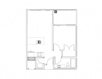 Floor plan for 1 bed, 1 bath, 678 sqft