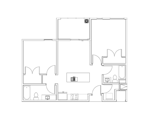 Floor plan for 2 beds, 2 baths, 906 sqft