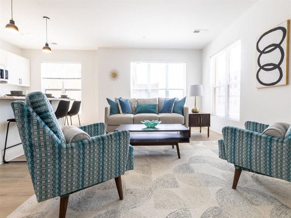 Racine apartment for rent - A living room with a patterned chair and a patterned sofa.