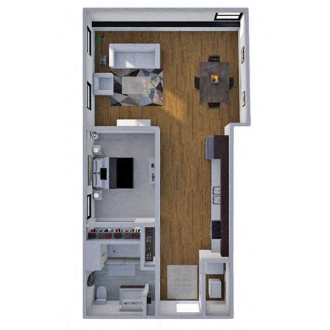 Floor plan for 1 bed, 1 bath, 707 sqft