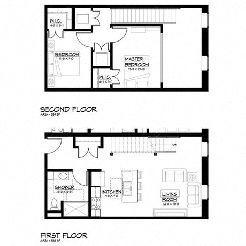 Floor plan for 2 beds, 1 bath, 942 sqft